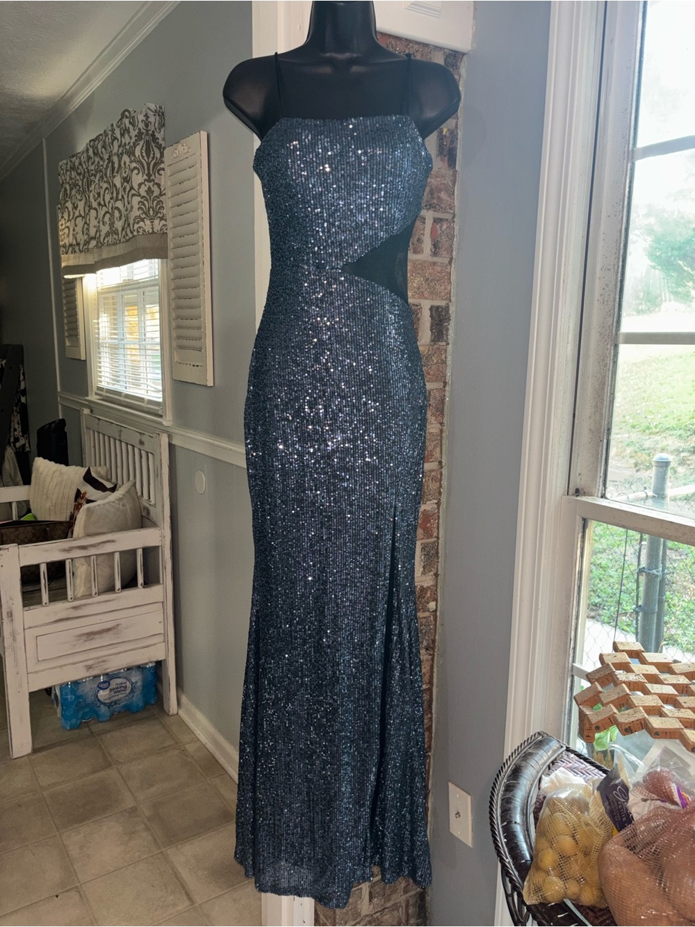 Trixxi Navy Sequin Cutout Evening Gown